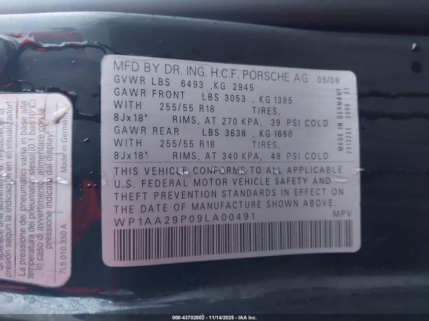2009 Porsche Cayenne VIN: WP1AA29P09LA00491 Lot: 43702802
