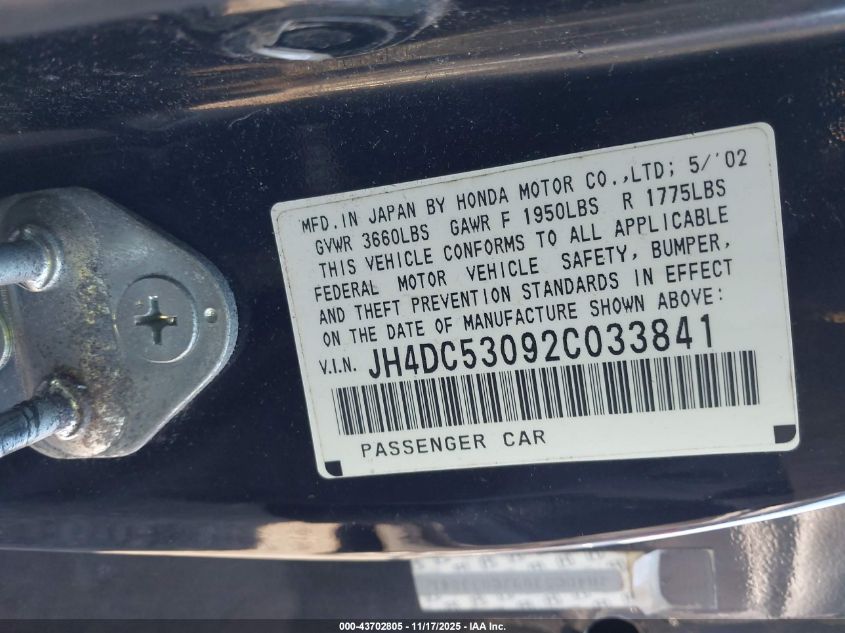 2002 Acura Rsx Type S VIN: JH4DC53092C033841 Lot: 43702805