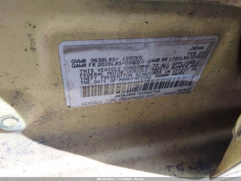 2002 Mitsubishi Lancer Oz Rally VIN: JA3AJ86E72U062749 Lot: 43702812