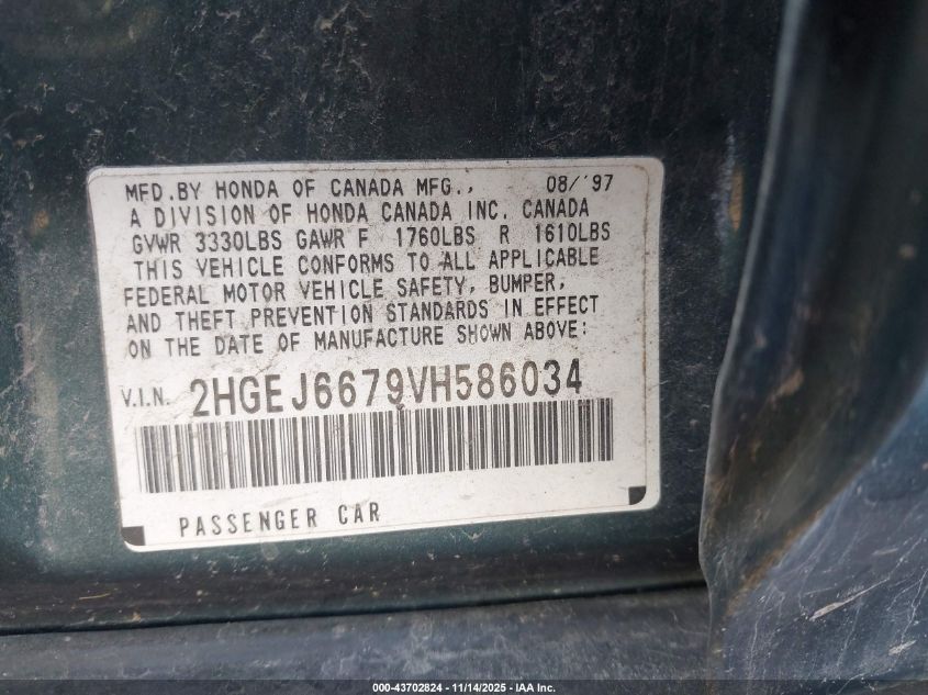 1997 Honda Civic Lx VIN: 2HGEJ6679VH586034 Lot: 43702824
