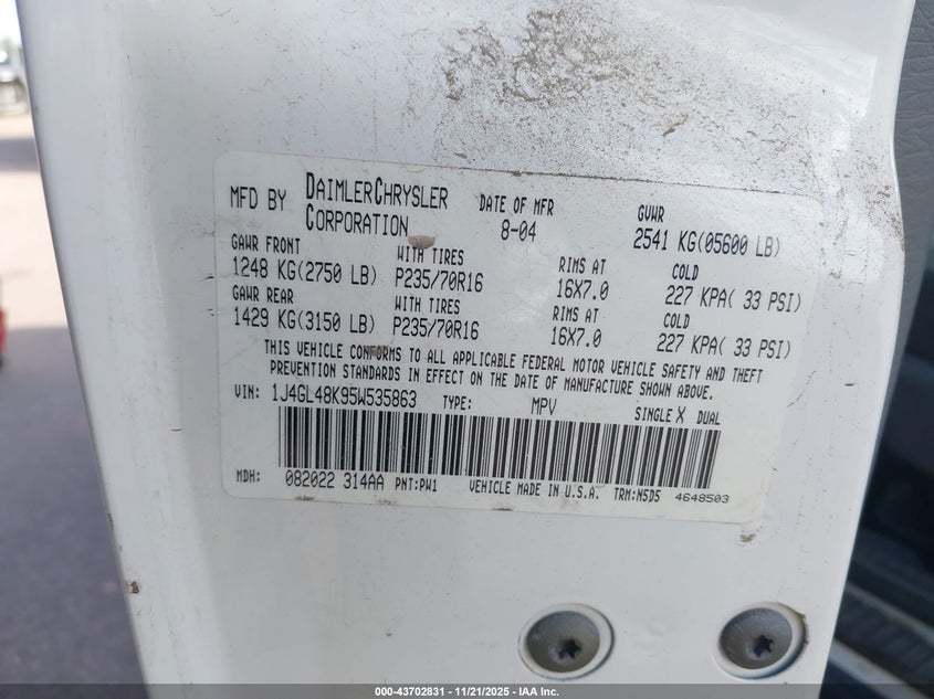 1J4GL48K95W535863 2005 JEEP LIBERTY (NORTH AMERICA) photo no. 9