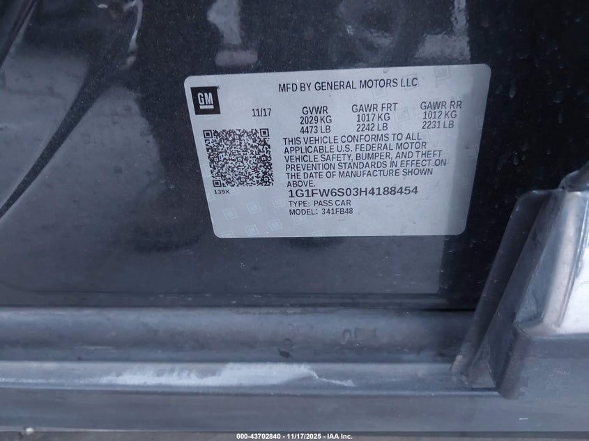 2017 Chevrolet Bolt Ev Lt VIN: 1G1FW6S03H4188454 Lot: 43702840