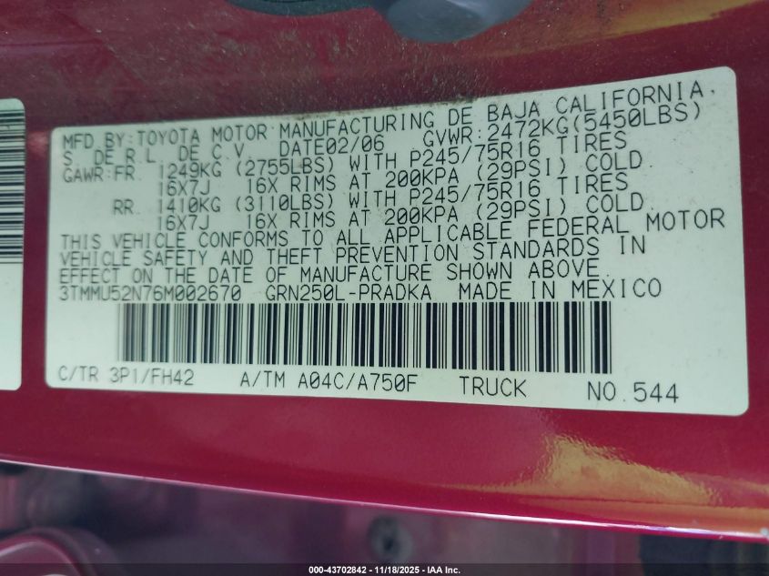 2006 Toyota Tacoma Base V6 VIN: 3TMMU52N76M002670 Lot: 43702842