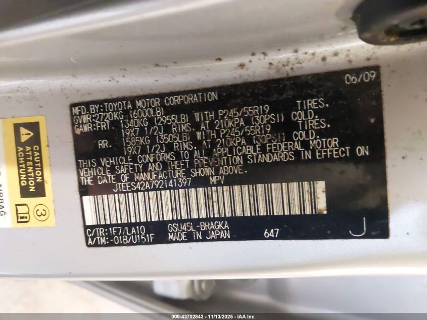 2009 Toyota Highlander Limited VIN: JTEES42A792141397 Lot: 43702843