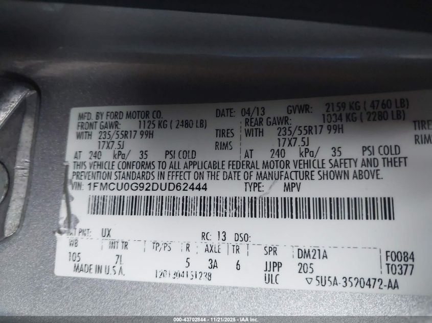 2013 Ford Escape Se VIN: 1FMCU0G92DUD62444 Lot: 43702844