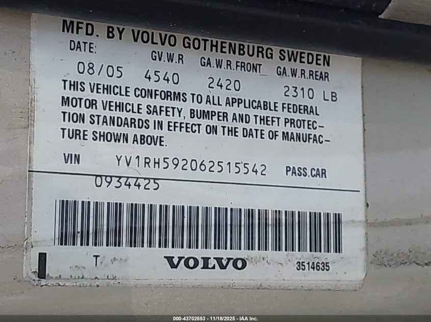 2006 Volvo S60 2.5T VIN: YV1RH592062515542 Lot: 43702853