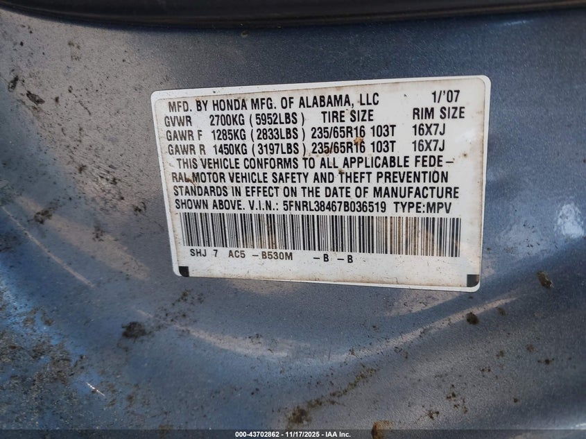 2007 Honda Odyssey Ex VIN: 5FNRL38467B036519 Lot: 43702862