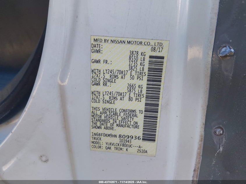 2017 Nissan Nv Cargo Nv1500 S V6 VIN: 1N6BF0KM9HN809936 Lot: 43702871