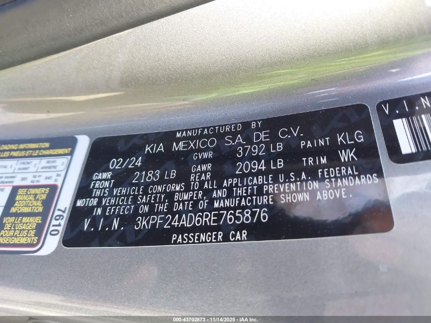 2024 Kia Forte Lxs VIN: 3KPF24AD6RE765876 Lot: 43702873