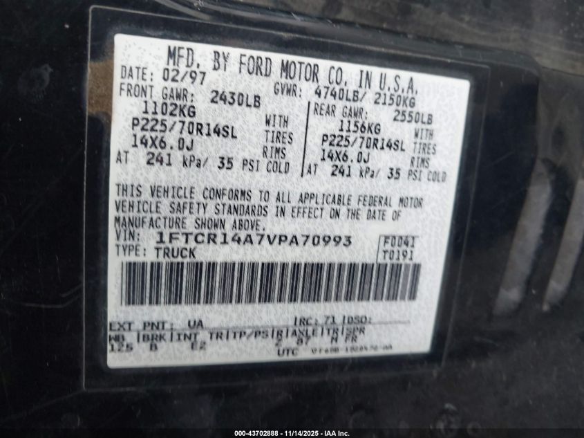 1997 Ford Ranger Xl/Xlt VIN: 1FTCR14A7VPA70993 Lot: 43702888