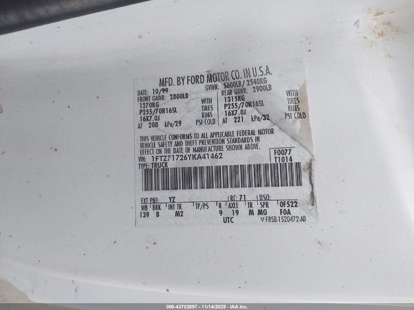 2000 Ford F-150 Work Series/Xl/Xlt VIN: 1FTZF1726YKA41462 Lot: 43702897