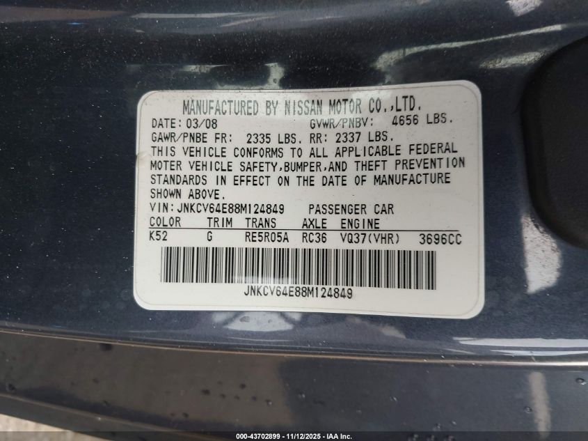 2008 Infiniti G37 Journey VIN: JNKCV64E88M124849 Lot: 43702899