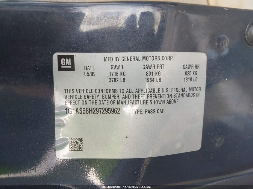 2009 Chevrolet Cobalt Ls VIN: 1G1AS58H297295962 Lot: 43702900
