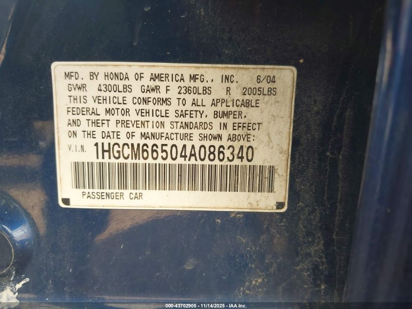 2004 Honda Accord 3.0 Ex VIN: 1HGCM66504A086340 Lot: 43702905