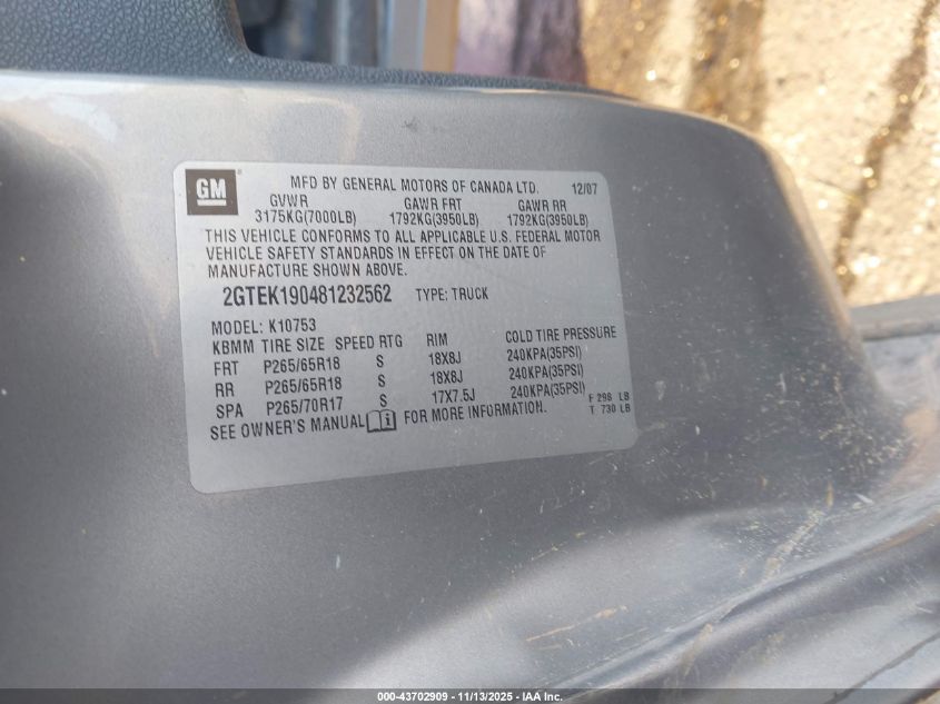 2008 GMC Sierra 1500 Slt VIN: 2GTEK190481232562 Lot: 43702909