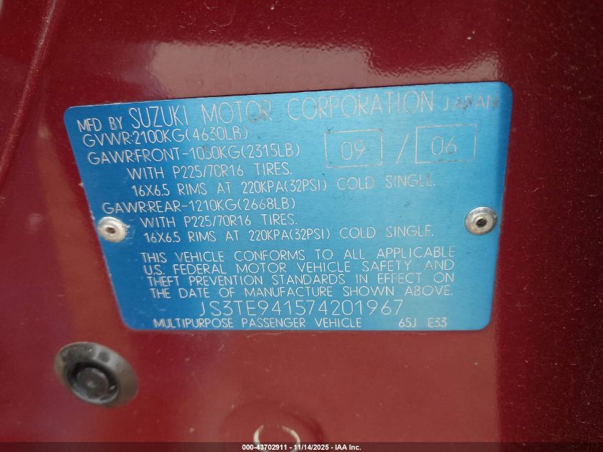 2007 Suzuki Grand Vitara VIN: JS3TE941574201967 Lot: 43702911