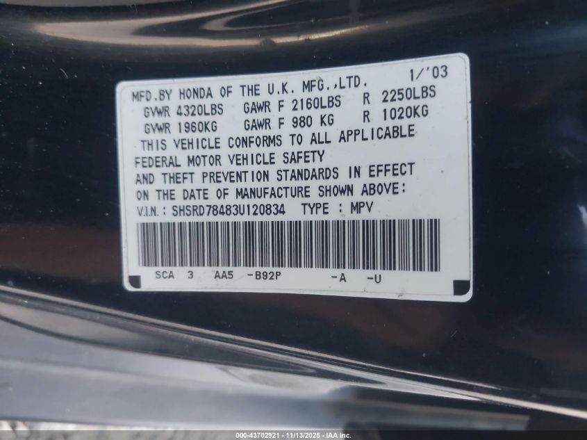 2003 Honda Cr-V Lx VIN: SHSRD78483U120834 Lot: 43702921