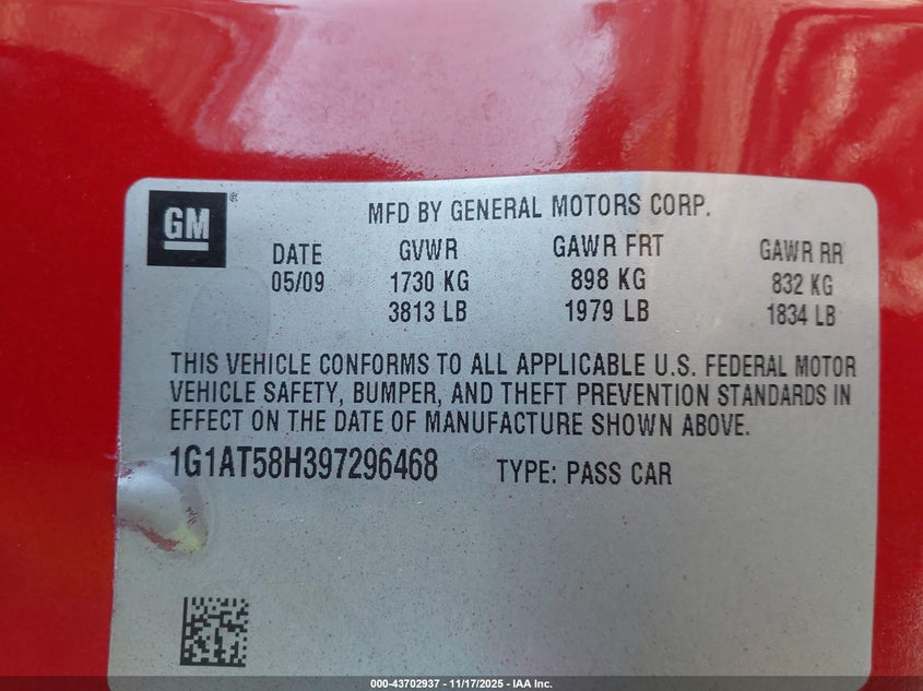 2009 Chevrolet Cobalt Lt VIN: 1G1AT58H397296468 Lot: 43702937