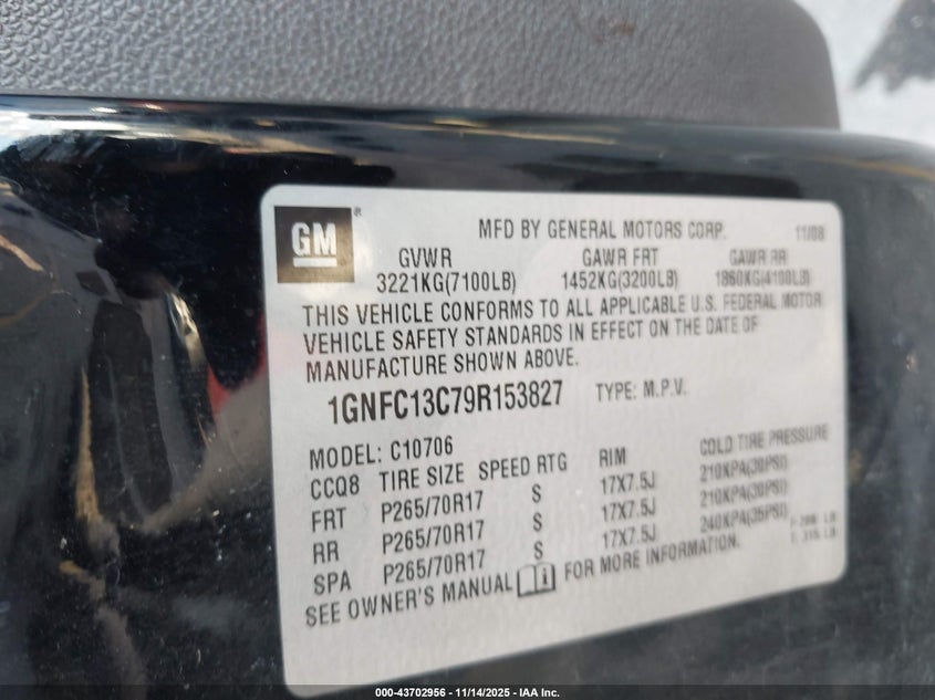 2009 Chevrolet Tahoe Ls VIN: 1GNFC13C79R153827 Lot: 43702956