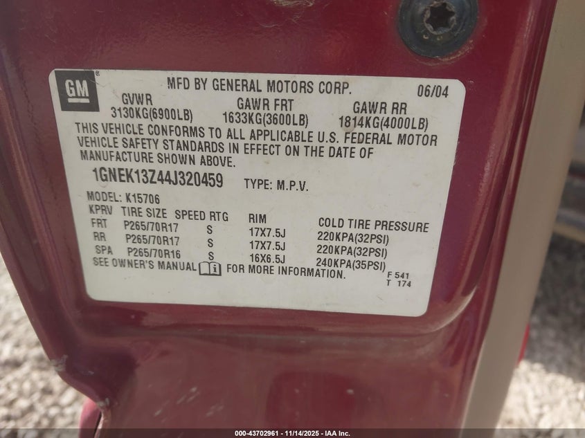 2004 Chevrolet Tahoe Lt VIN: 1GNEK13Z44J320459 Lot: 43702961