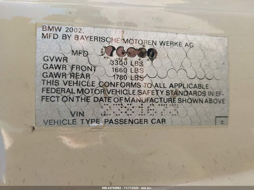 1975 BMW 2 Series VIN: 00000000002381673 Lot: 43702962