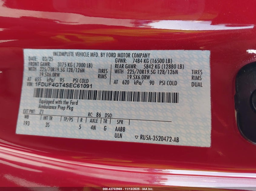 2025 Ford F-450 Chassis Xlt VIN: 1FDUF4GT4SEC61091 Lot: 43702969
