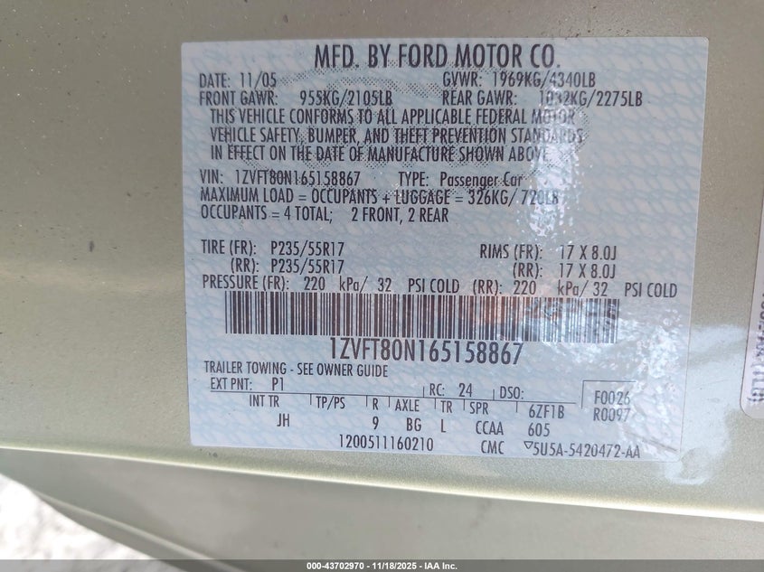 2006 Ford Mustang V6 VIN: 1ZVFT80N165158867 Lot: 43702970