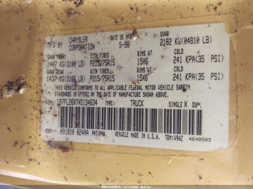 1999 Dodge Dakota Slt/Sport VIN: 1B7FL26X7XS134634 Lot: 43702975