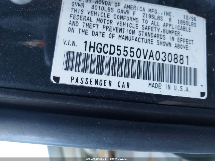1997 Honda Accord Ex VIN: 1HGCD5550VA030881 Lot: 43702986
