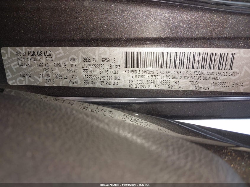 2020 Jeep Gladiator Rubicon 4X4 VIN: 1C6JJTBG4LL142505 Lot: 43702998