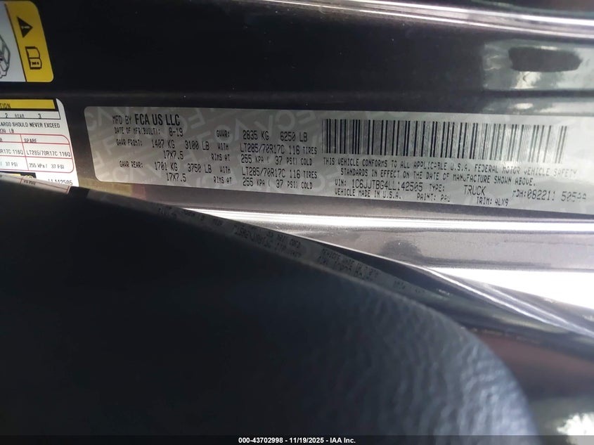 2020 Jeep Gladiator Rubicon 4X4 VIN: 1C6JJTBG4LL142505 Lot: 43702998