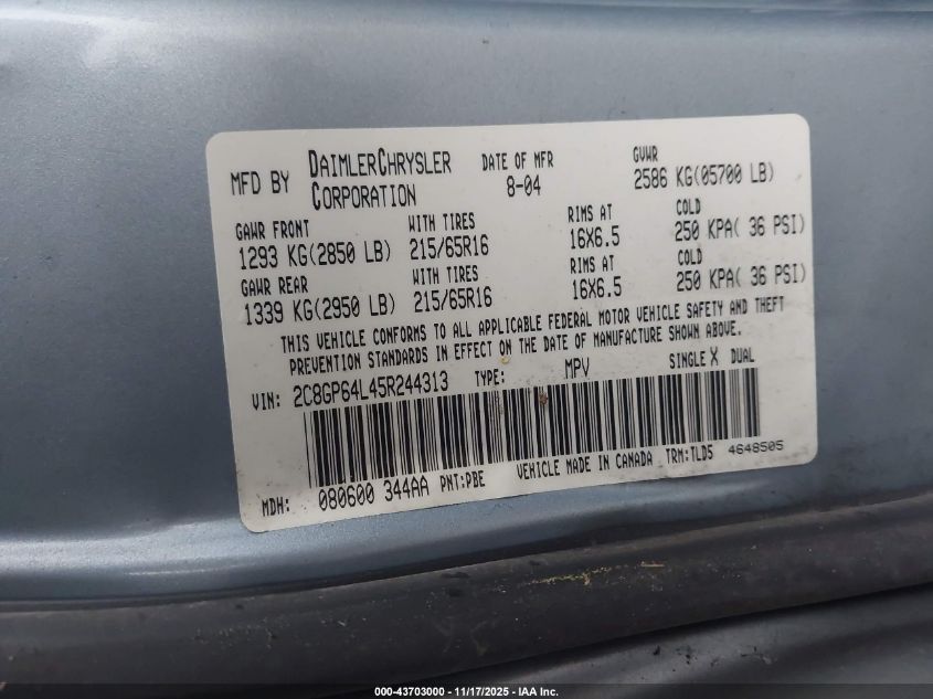 2005 Chrysler Town & Country Limited VIN: 2C8GP64L45R244313 Lot: 43703000