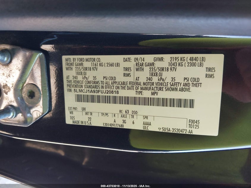 2015 Lincoln Mkc VIN: 5LMCJ1A93FUJ20818 Lot: 43703018