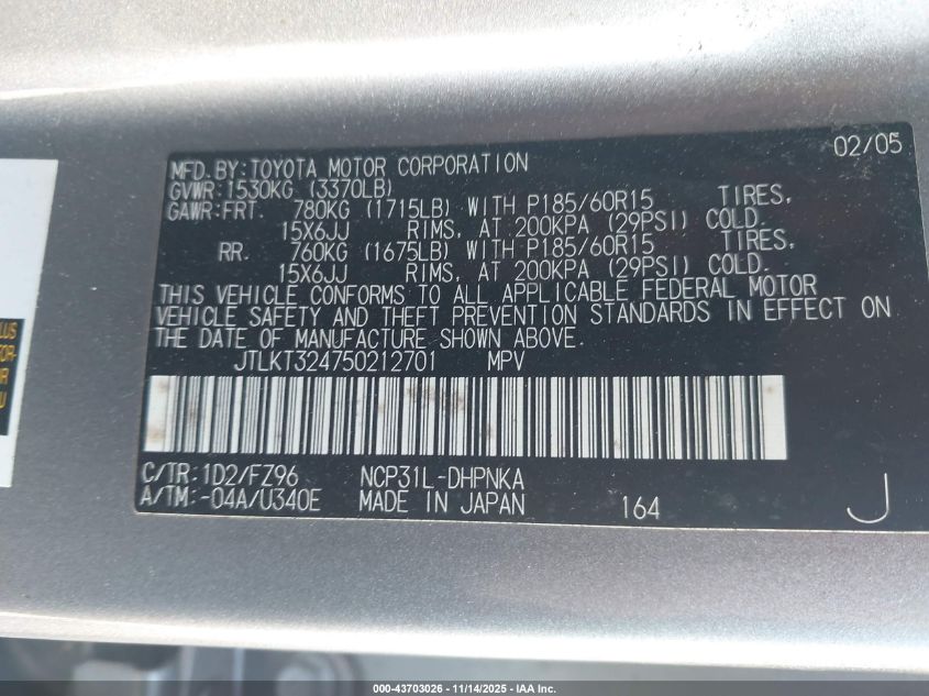 2005 Scion Xb VIN: JTLKT324750212701 Lot: 43703026