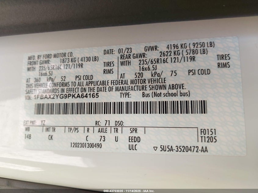 2023 Ford Transit-350 Passenger Van Xlt VIN: 1FBAX2YG9PKA64165 Lot: 43703035