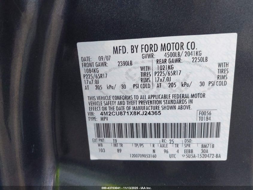 2008 Mercury Mariner Premier VIN: 4M2CU871X8KJ24365 Lot: 43703041