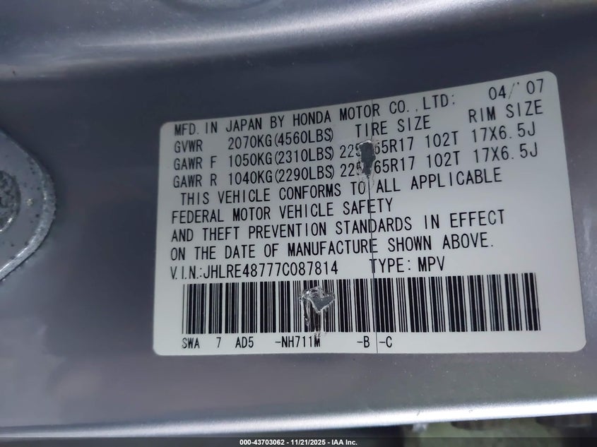 2007 Honda Cr-V Ex-L VIN: JHLRE48777C087814 Lot: 43703062