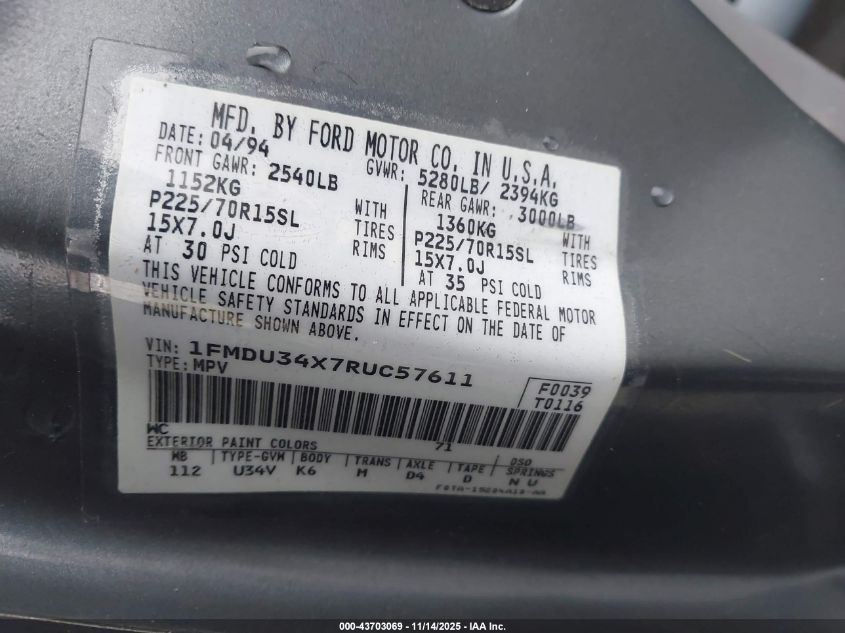1994 Ford Explorer VIN: 1FMDU34X7RUC57611 Lot: 43703069