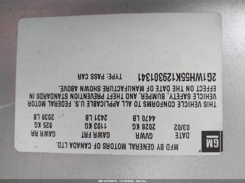 2002 Chevrolet Impala Ls VIN: 2G1WH55K129301341 Lot: 43703073