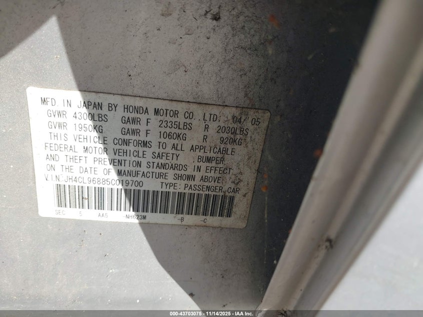 2005 Acura Tsx VIN: JH4CL96885C019700 Lot: 43703075