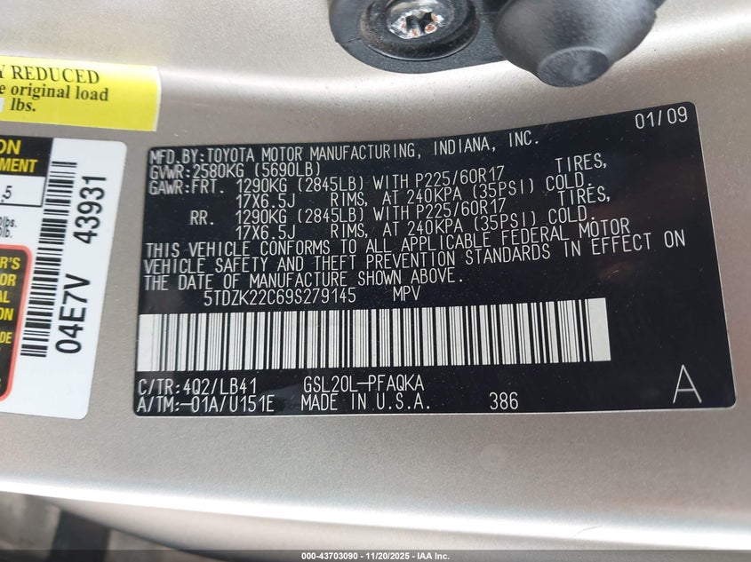 5TDZK22C69S279145 2009 TOYOTA SIENNA photo no. 9