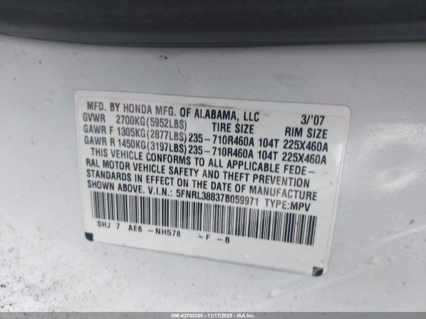 2007 Honda Odyssey Touring VIN: 5FNRL38837B059971 Lot: 43703100