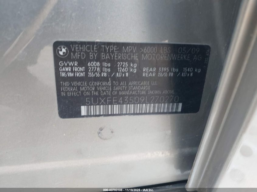 2009 BMW X5 xDrive30I VIN: 5UXFE43509L270270 Lot: 43703108