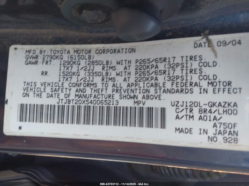 2004 Lexus Gx 470 VIN: JTJBT20X540065213 Lot: 43703112