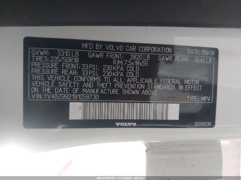 2009 Volvo Xc70 T6 VIN: YV4BZ992191058730 Lot: 43703115