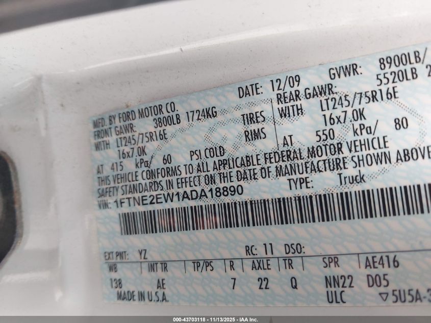 2010 Ford E-250 Commercial/Recreational VIN: 1FTNE2EW1ADA18890 Lot: 43703118