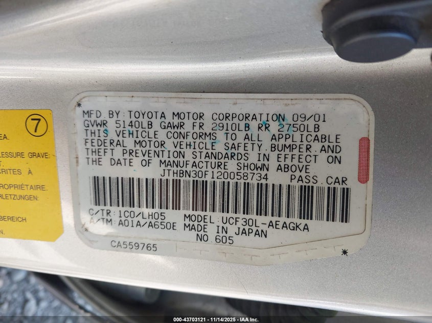 2002 Lexus Ls 430 VIN: JTHBN30F120058734 Lot: 43703121