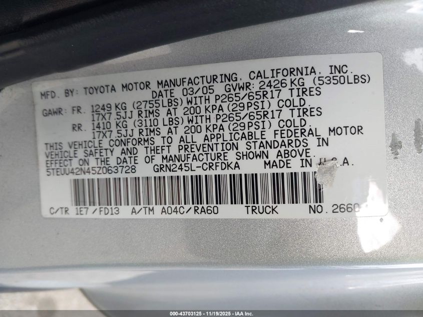 2005 Toyota Tacoma Base V6 VIN: 5TEUU42N45Z063728 Lot: 43703125