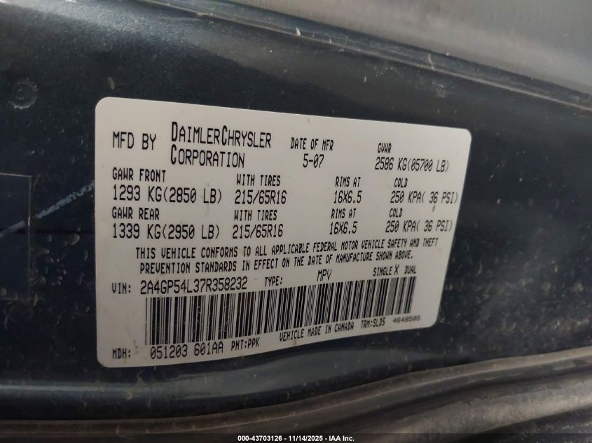 2007 Chrysler Town & Country Touring VIN: 2A4GP54L37R358232 Lot: 43703126