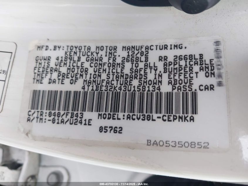 2003 Toyota Camry Le VIN: 4T1BE32K43U158134 Lot: 43703130